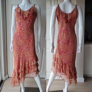 ICE Vintage 100% Silk Paisley Print Sleeveless Asymmetrical Midi Dress Size 10